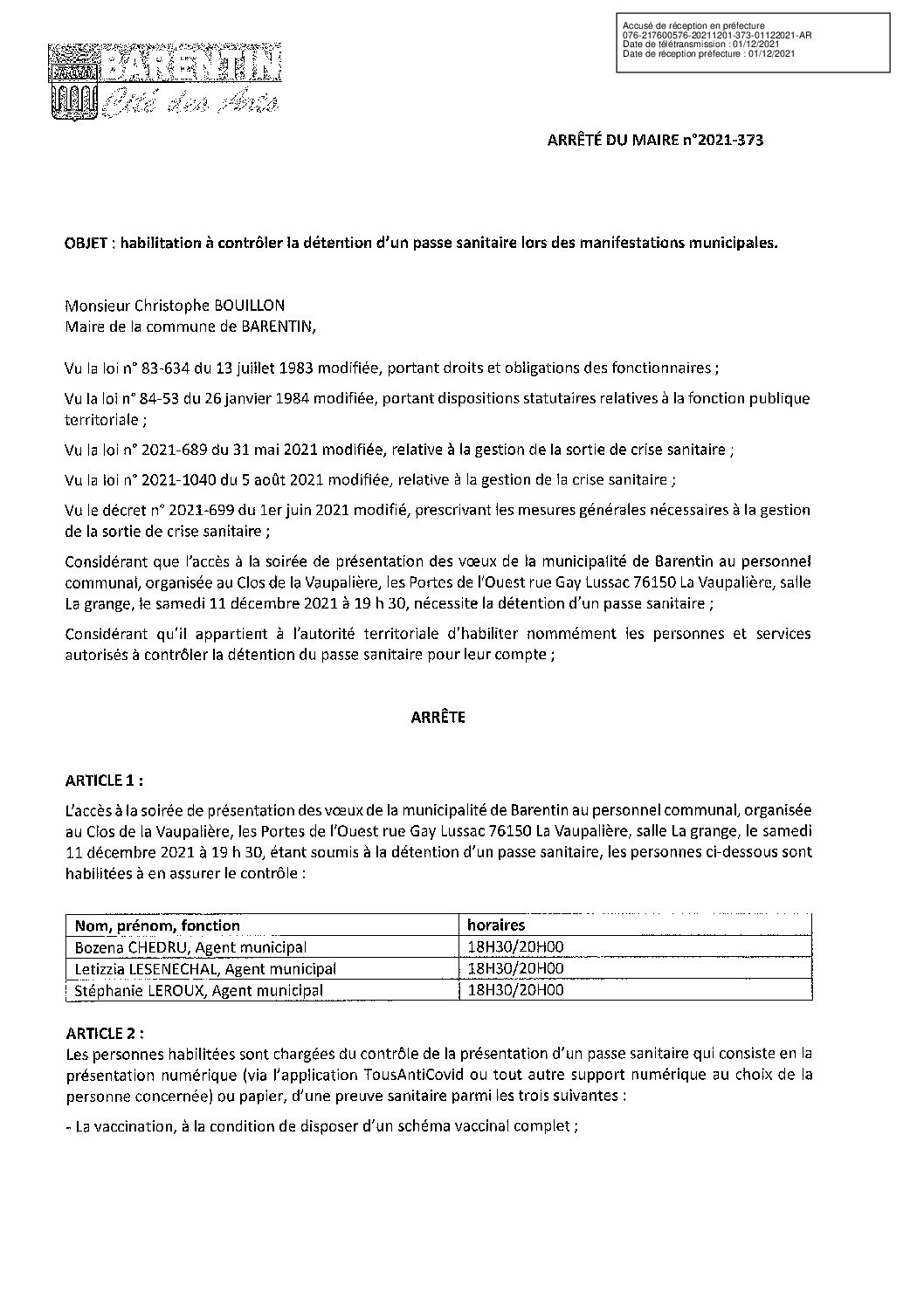 Arrete 373 Passe sanitaire manifestation municipale 01 12 2021 soiree du 11 12 2021 La Vaupaliere