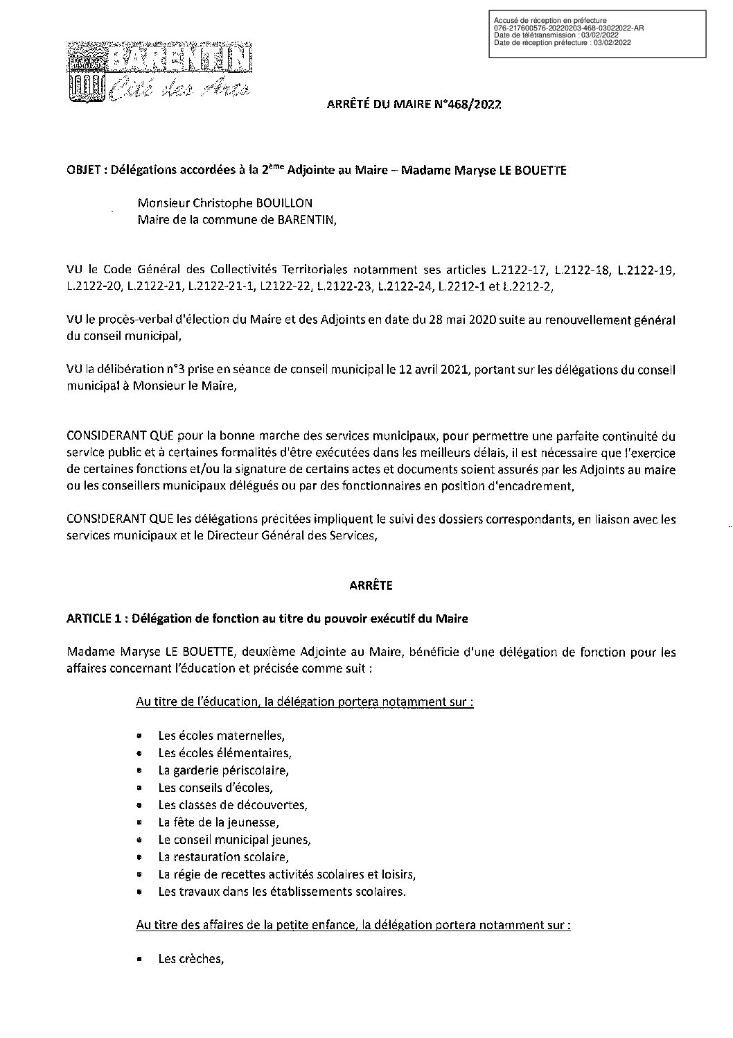 Arrêté 462 2022 Maryse LE BOUETTE 2ème adjointe Arrêté 462 2022 Maryse LE BOUETTE 2ème adjointe