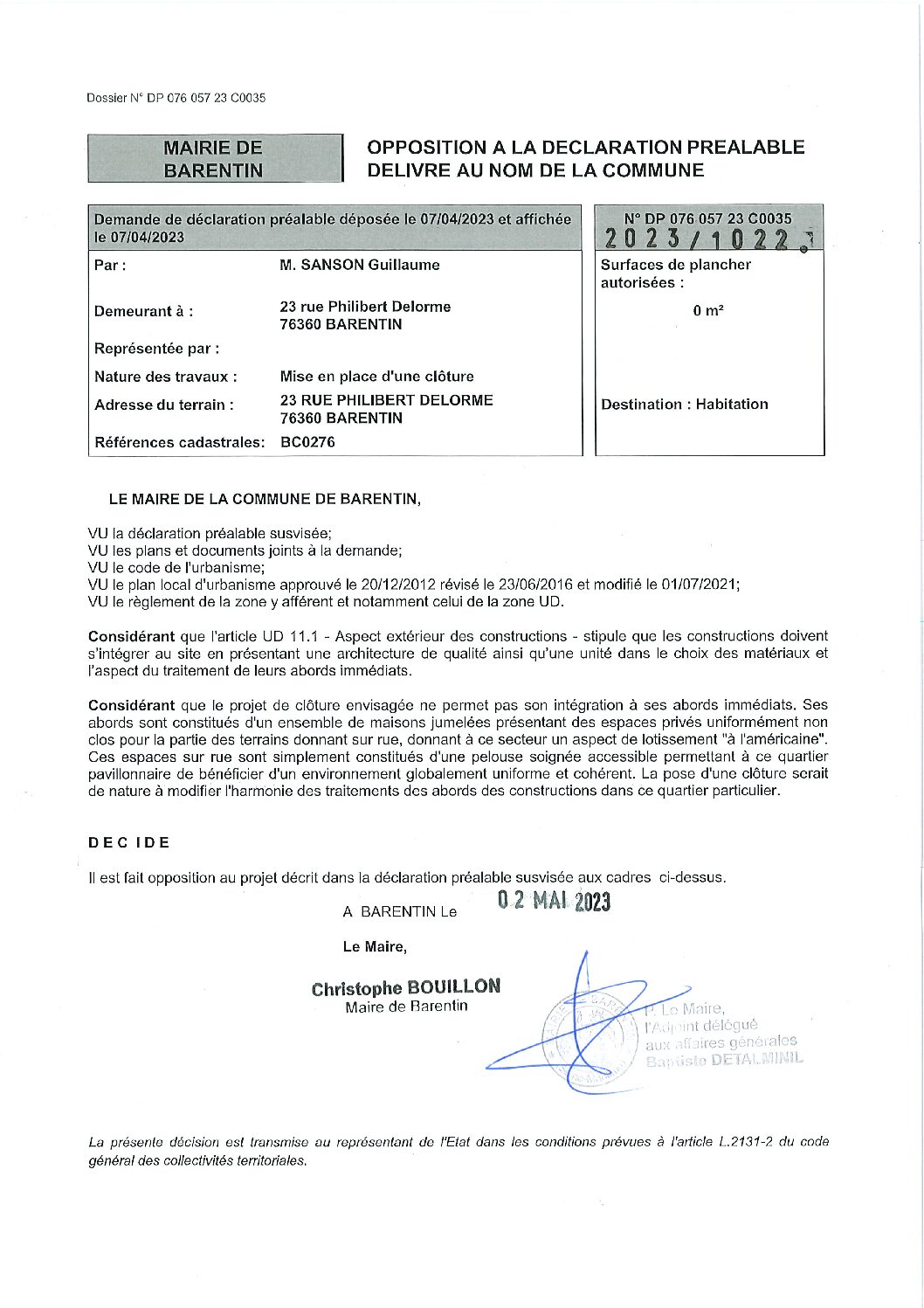 ARRETE 2023.1022 – DP 076.057.23C0035 – Monsieur Guillaume SANSON