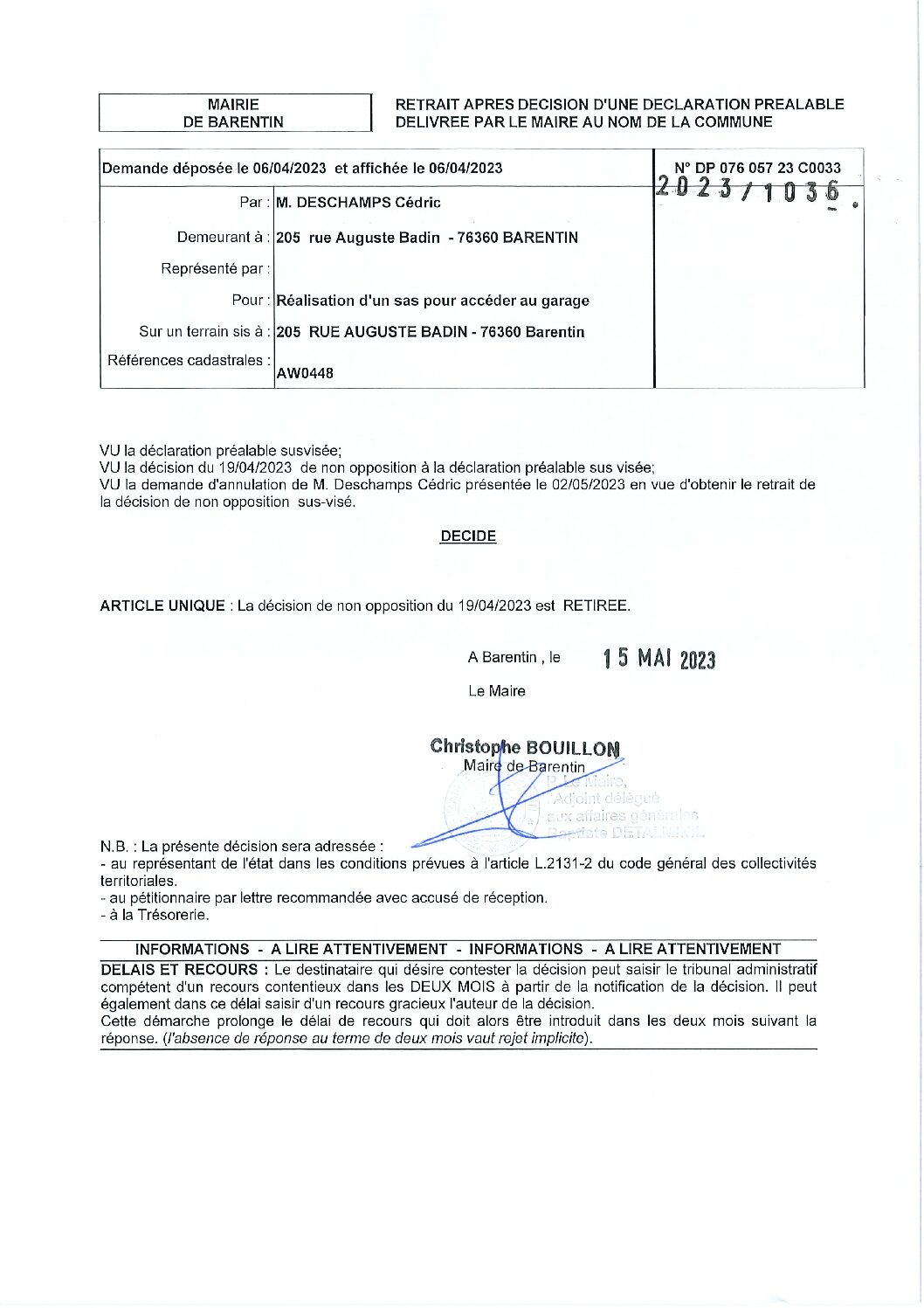 ARRETE 2023.1036 – DP 076.057.23C0033 – Monsieur Cédric DESCHAMPS – retrait après décision