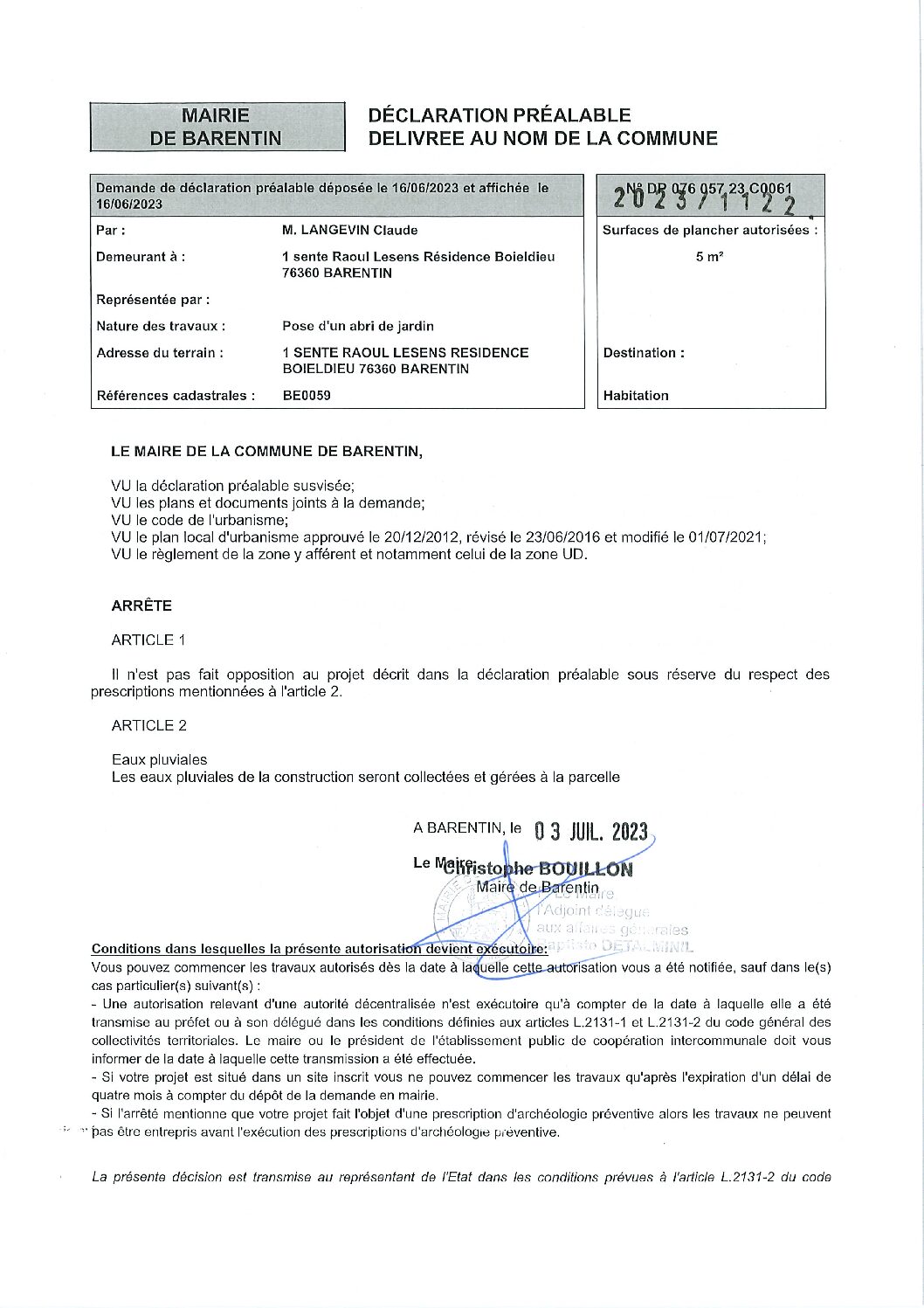 ARRETE 2023.1122 - DP 076.057.23C0061 - LANGEVIN ARRETE 2023.1122 – DP 076.057.23C0061 – LANGEVIN