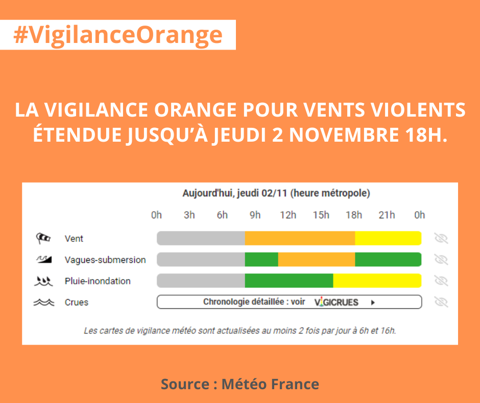 vigilance orange étendue à jeudi 2 novembre 18h.