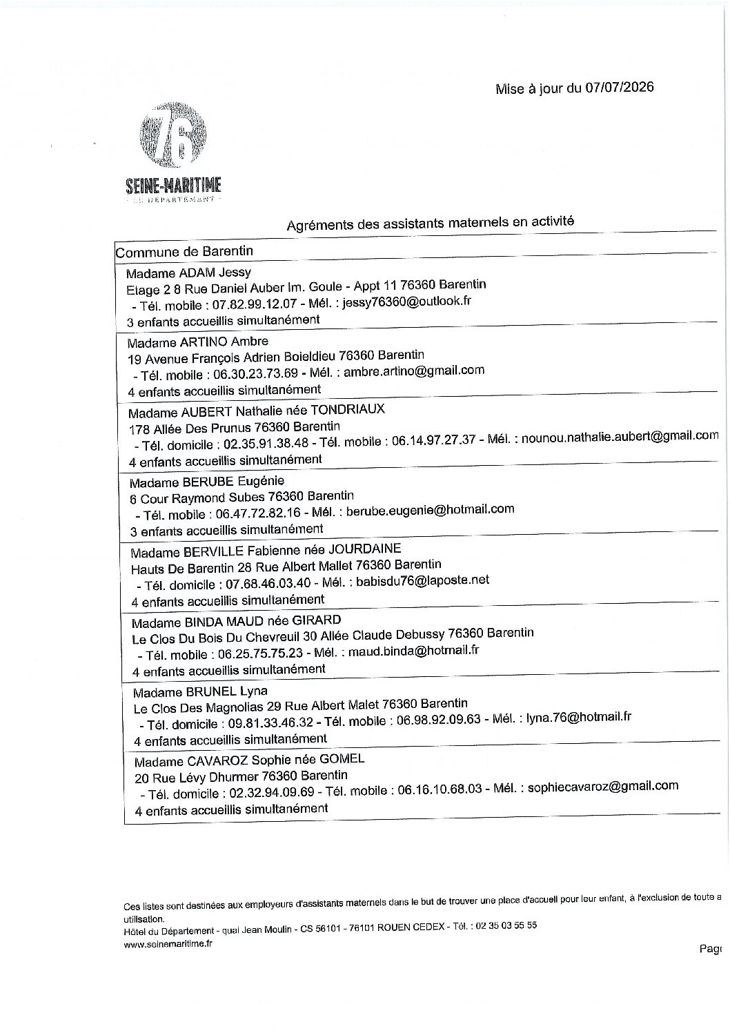 LISTE DES ASSISANTS MATERNELS JUILLET 2026