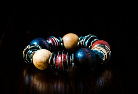 Blue, Red, Beige, and Silver Beaded Bracelet